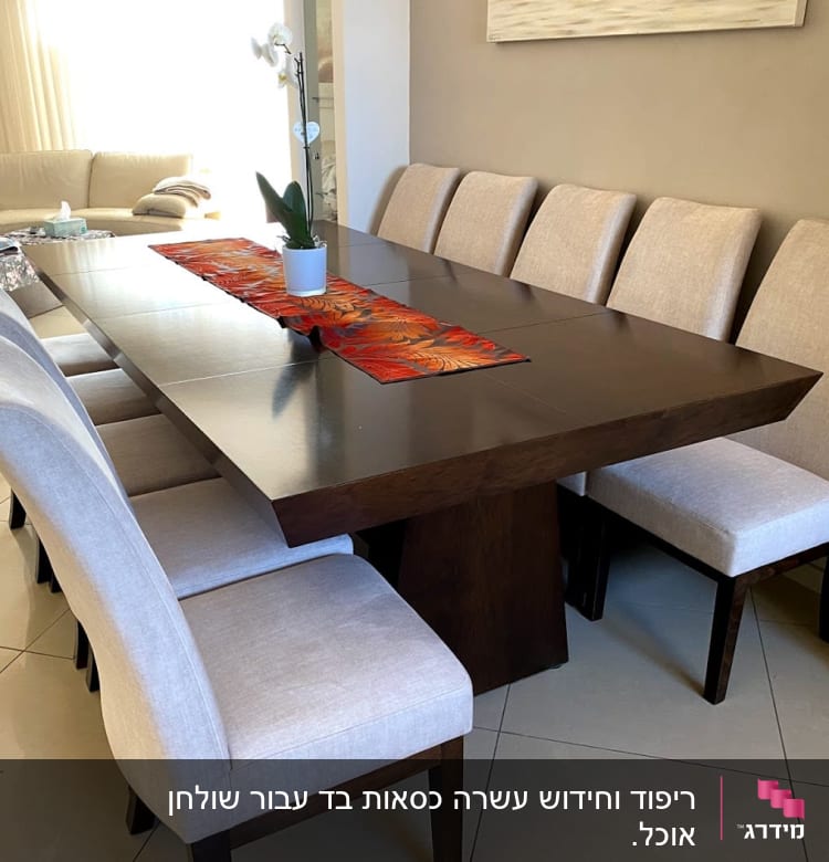 כיסאות מרופדים סביב שולחן עץ גדול